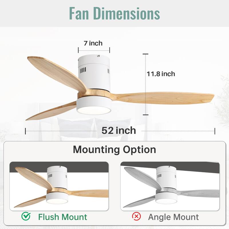 Sofucor 52inch Solid Wood Ceiling Fan with Lights and Remote,Flush Mount Quiet Reversible DC Motor,Smart Control Optional