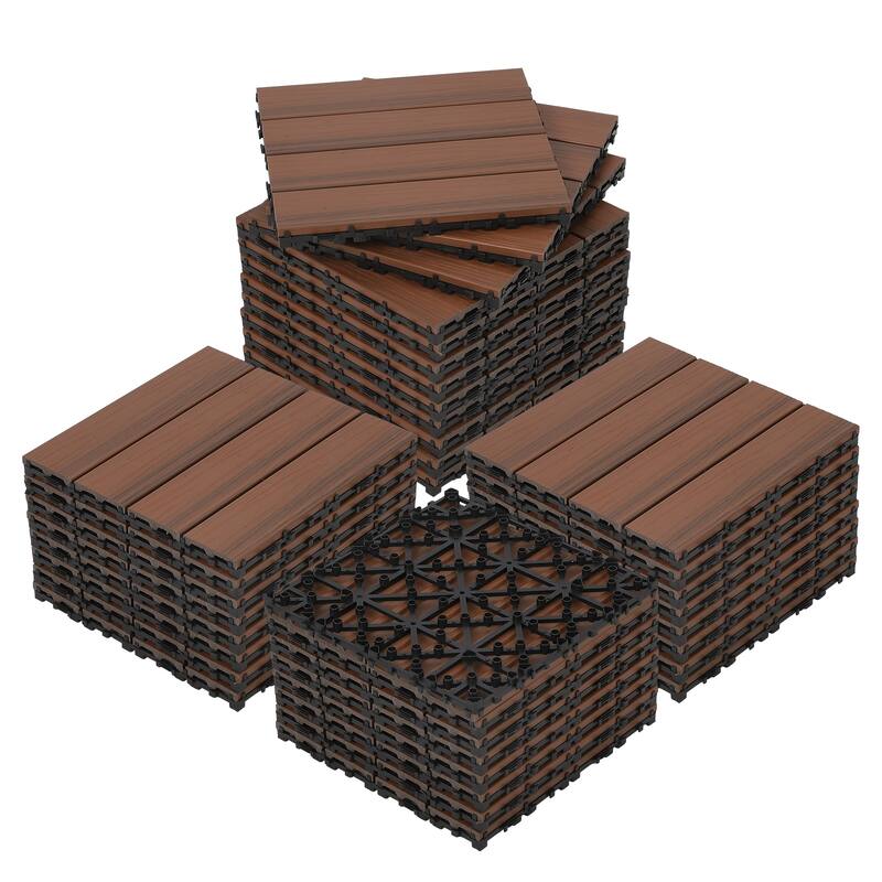 18 Pack Solid Wood Deck Flooring, Wood Interlocking Deck Tiles, 12 x 12 Inch Co-Extruded Interlocking Deck Tiles