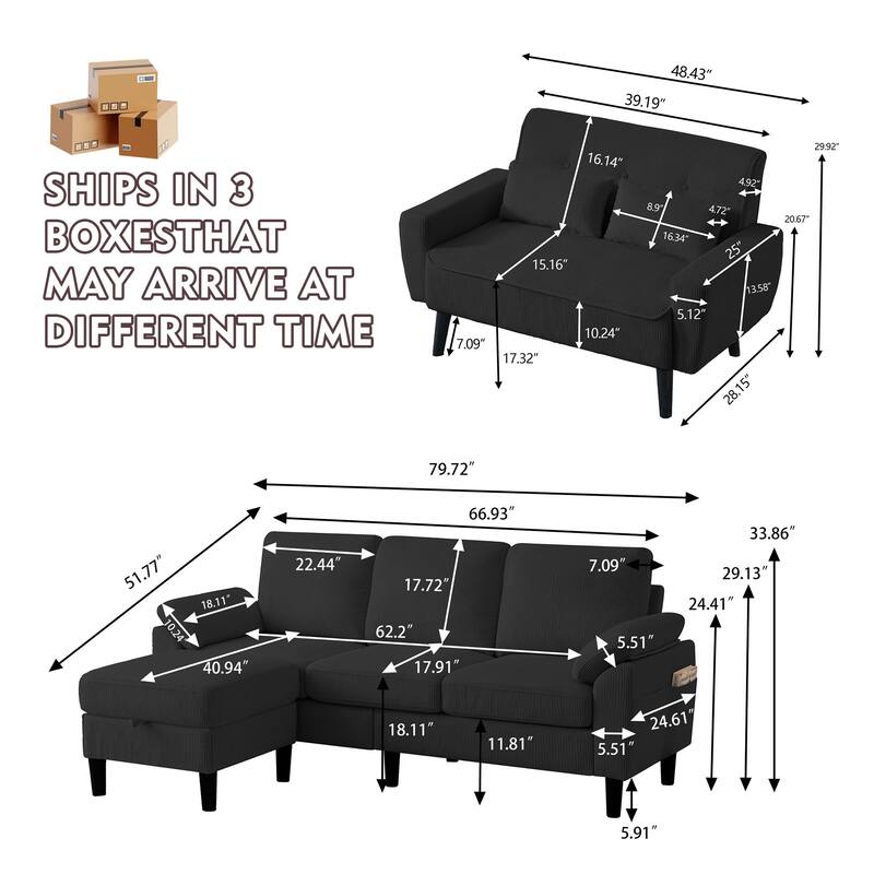 3-Piece Living Room Sectional Sofa Set with Loveseat and Ottoman