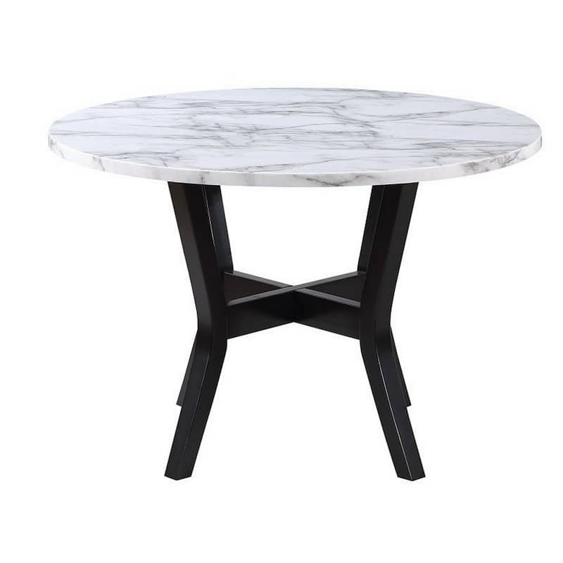5 Piece Dining Table and Chairs Set, Black Wood, Fabric, Faux Stone Top
