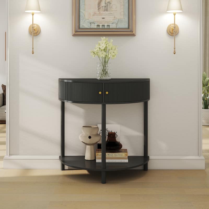 Artisan-Crafted Demi-Lune Console Table,Unique Half Moon Design End Table with 2 Drawers and Shelf