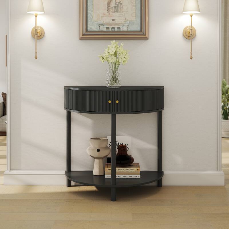 Wave-Pattern Console Table with Dark Gray Finish,Unique Half Moon Design End Table with 2 Storage Drawers and Bottom Shelf