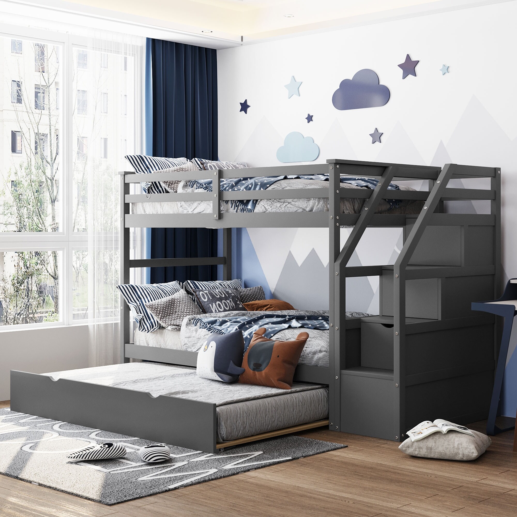 Solid Wood Twin Over Twin Bunk Bed with Twin Trundle and 3 Step