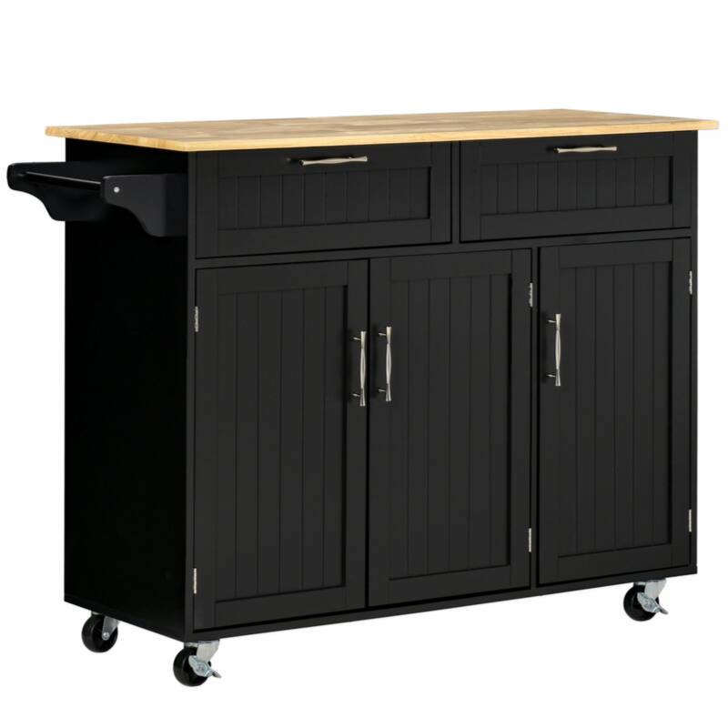 Kitchen Cart with Wood Top, Storage Drawers, 3-door Cabinets, Adjustable Shelves and Towel Rack, Black - Black