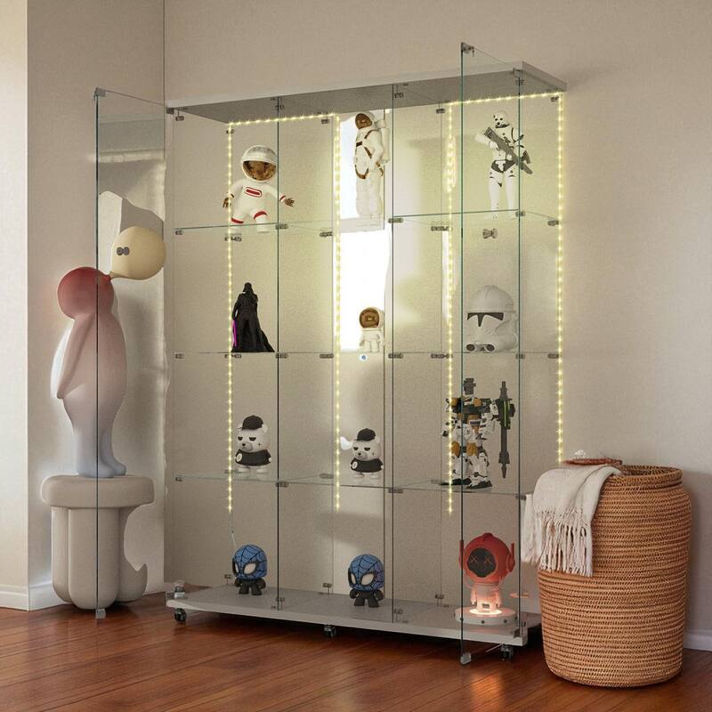 65" Tempered Glass Display Cabinet with Bluetooth LED Lights, Lockable Doors, Casters, 5-Shelf Storage Showcase