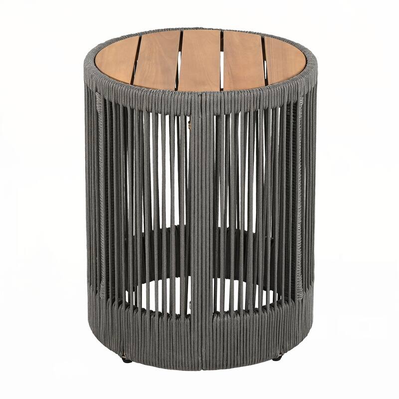Outdoor Rattan rope and Acacia Wood Side Table(Rope Grey, Natural Iron)