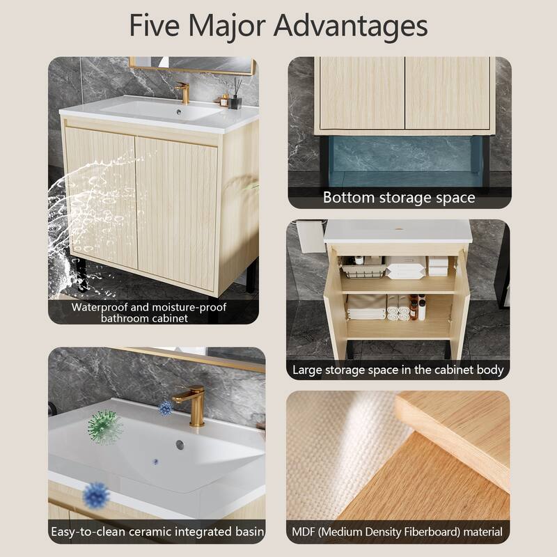 30 Inch Bathroom Vanity with Sink, Soft-Closing Drawers & Oak Finish