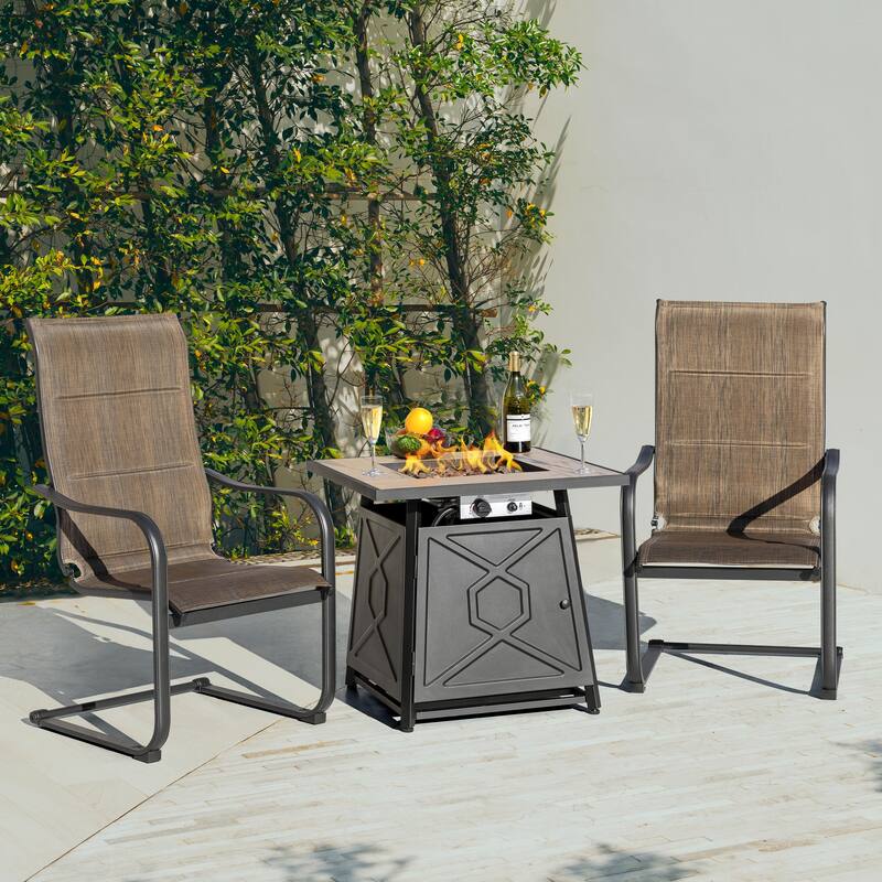 Nuu Garden 50000 BTU Ceramic tabletop Square Propane Fire Pit Set - Fire pit table with 2 swivel chairs