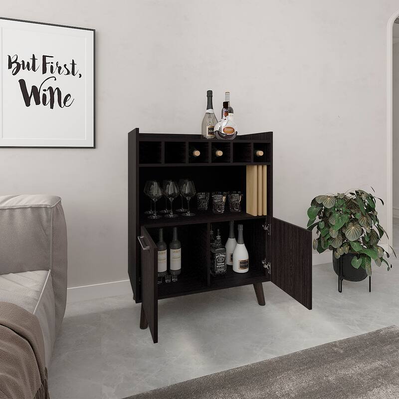 Vance 40" High Bar Cabinet with Six Bottle Cubbies, Two Double Door Cabients, Four Shelves, Living Room, Wine Rack