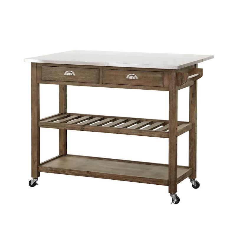 Amber 44 Inch Rolling Kitchen Island Bar Cart, Stainless Steel Top, Brown