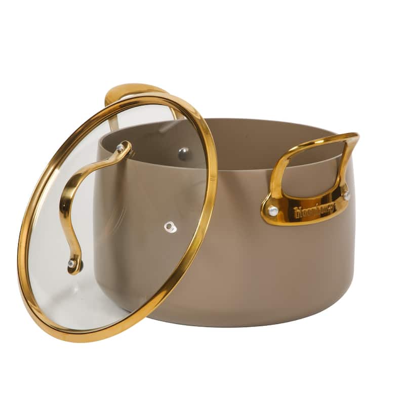 Bloomhouse Pots and Pans Heavy Duty Aluminum Premium PFA Free Ceramic Nonstick - Cappucino Cream with Gold Handle