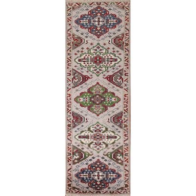 Geometric Grey Kazak Runner Rug Hand-Knotted Oriental Wool Carpet - 2'7"x 9'10"