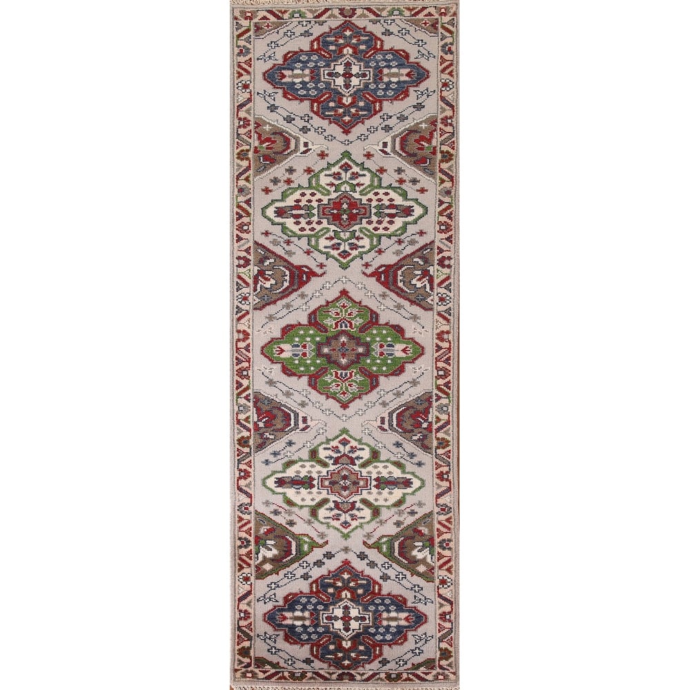 Geometric Grey Kazak Runner Rug Hand-Knotted Oriental Wool Carpet - 2'7"x 9'10"