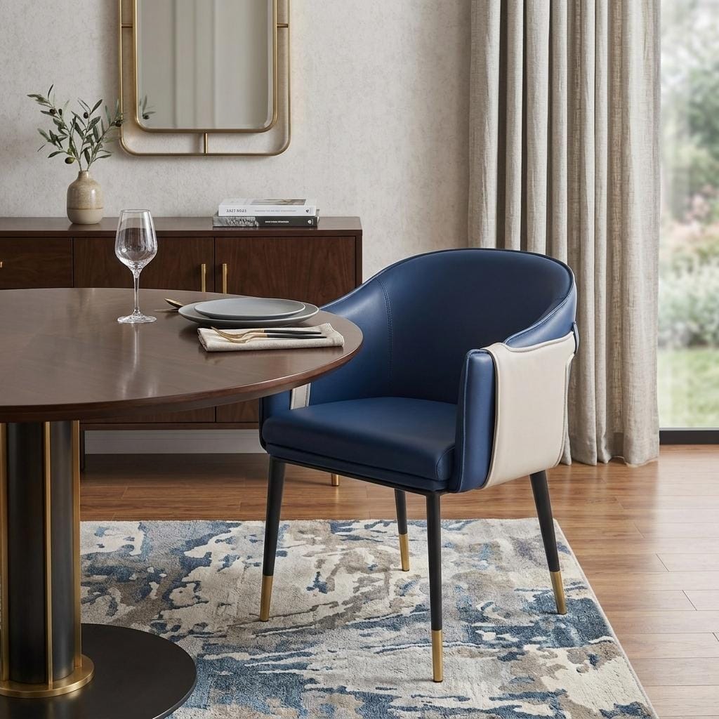 HomeRoots Blue Beige and Black Upholstered Faux Leather Dining Arm Chair - 21.90 in. x 30.70 in. x 23.40 in.