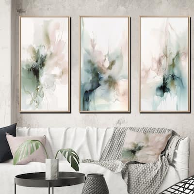 Designart "Green And Cream Essence Of Modernity III" Abstract Framed Wall Art Set Of 3 For Living Room Decor