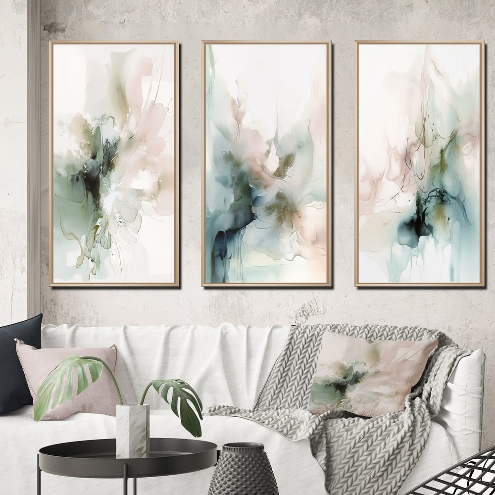 Designart "Green And Cream Essence Of Modernity III" Abstract Framed Wall Art Set Of 3 For Living Room Decor