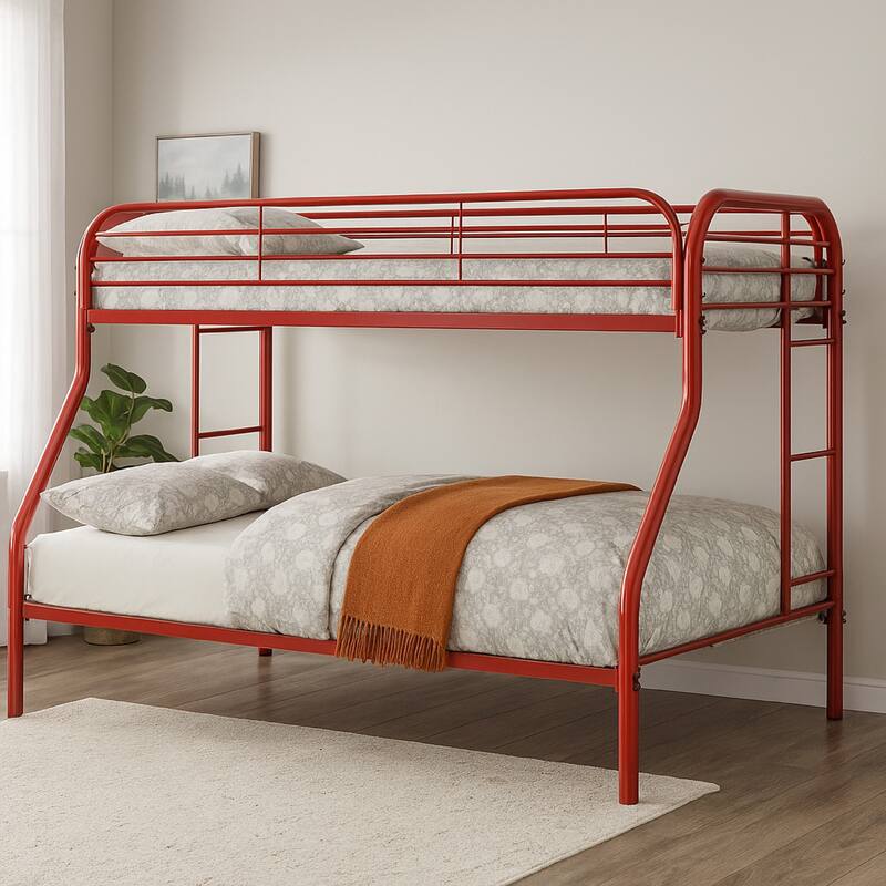 Metal Twin Over Full Bunk Bed with Attached Side Rails And Side Ladders, Red