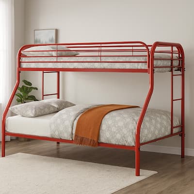 Metal Twin Over Full Bunk Bed with Attached Side Rails And Side Ladders, Red