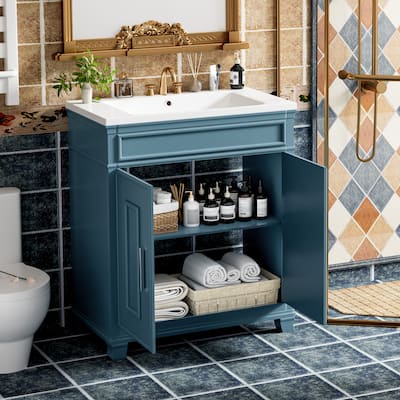 30" Solid Wood Frame Bathroom Vanity Cabinet with Resin Sink, Blue - 30 Inch