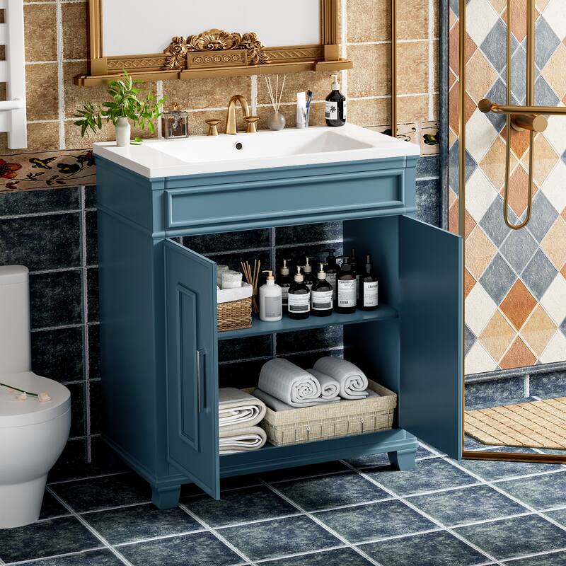 30 Inch Bathroom Vanity with Resin Sink - Freestanding Vanity with Storage Shelf and Solid Wood Frame