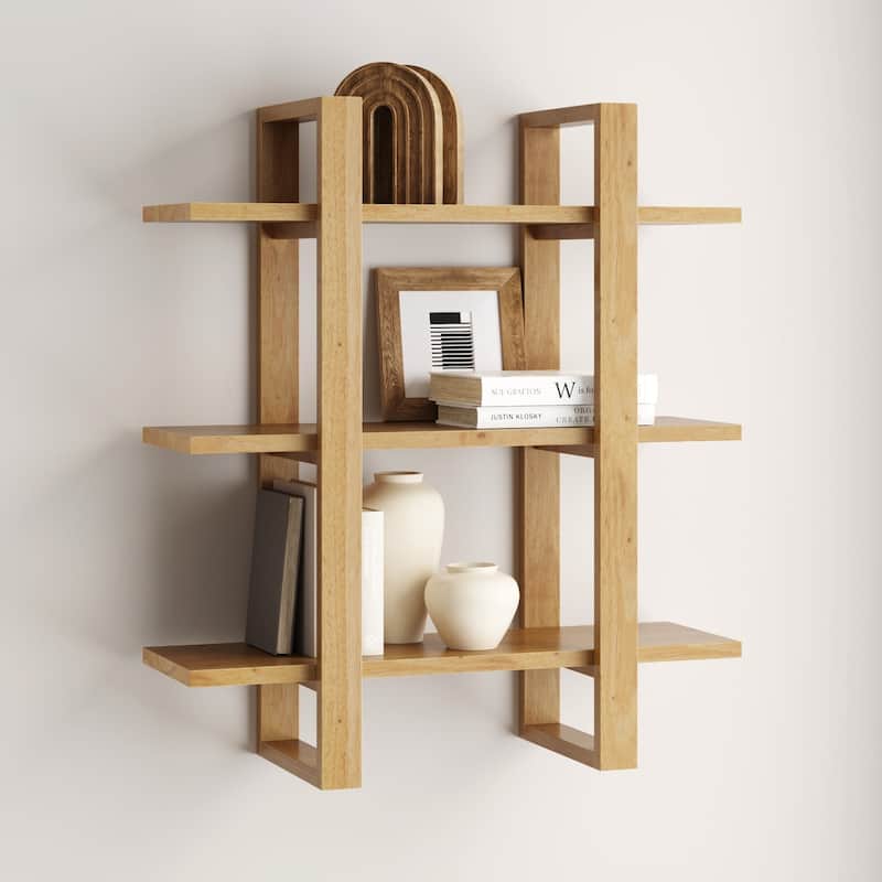 Nathan James Benji Floating Wall Book Shelves, 3-Tier Display Shelf, Decorative Modular Shelf in Solid Wood - Natural Brown