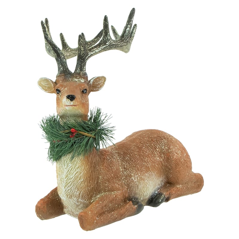 Glittered Sitting Deer with Pine Neck Wreath Christmas Decoration - 10"