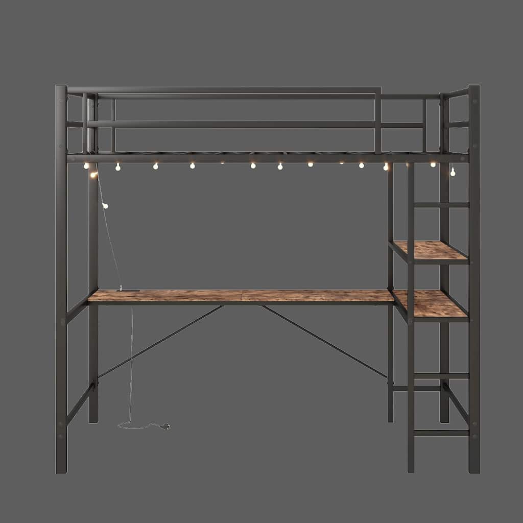 Sturdy Metal Loft Bed with Desk, Shelves, LED Lights, USB Charging Ports - Ideal for Kids, Teens, and Adults