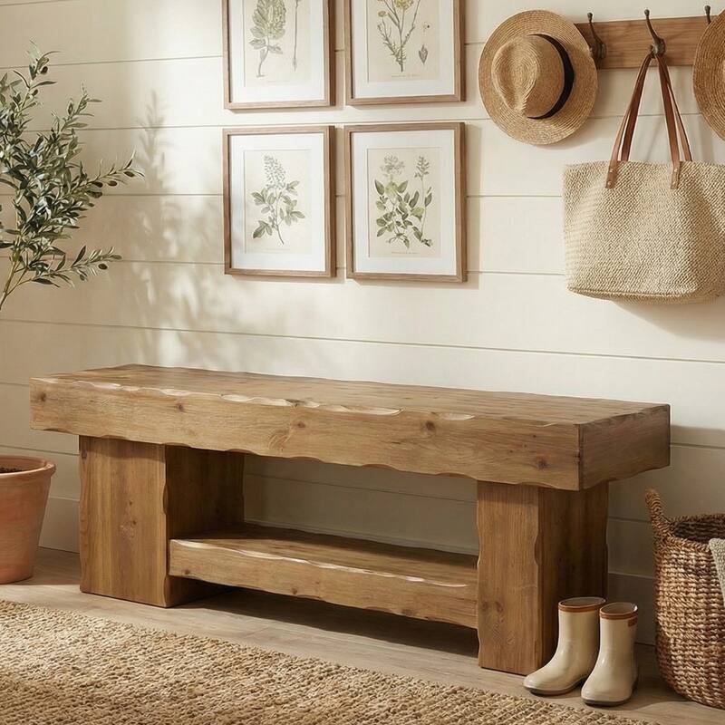 2 Tier Solid Wood Bench for Entryway, Bedroom, Kitchen, Dining Room, Living Room, Farmhouse Style, 63 Inch - Rustic Brown