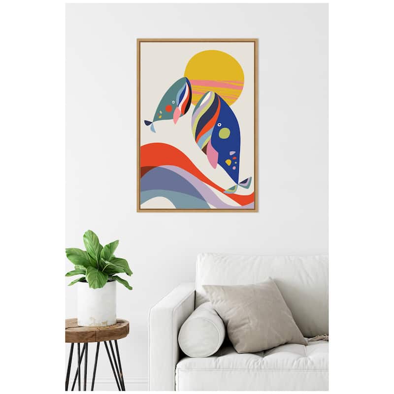 Kate and Laurel Sylvie Retro Coastal Mom and Baby Whales Framed Canvas by Rachel Lee