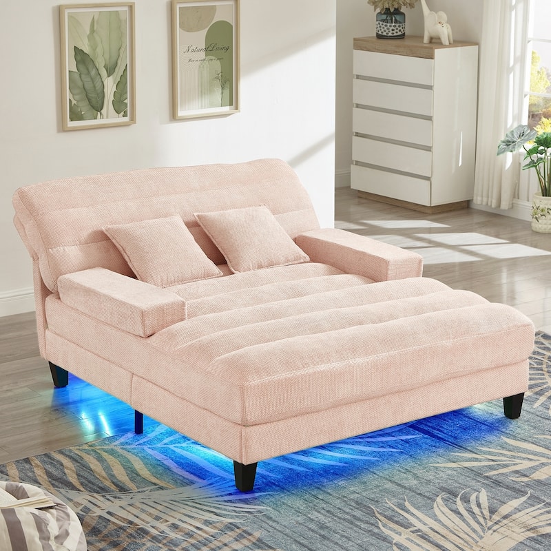 Modern Chaise Lounge Sofa 57.1" Sofa Bed Upholstered Lounge Sofa Chair with Adjustable Backrest and LED Light Strip - Pink