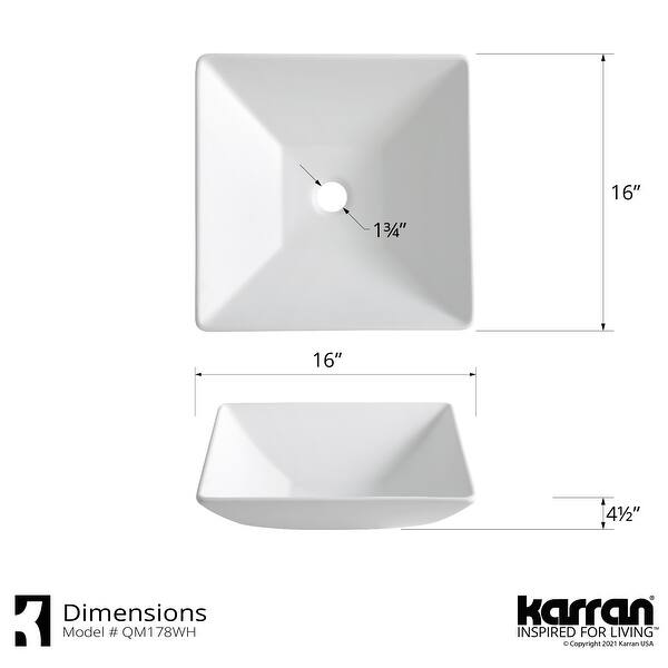 dimension image slide 1 of 2, Karran Quattro Matte White Acrylic 16 in. Square Bathroom Vessel Sink with Faucet and drain in Stainless Steel