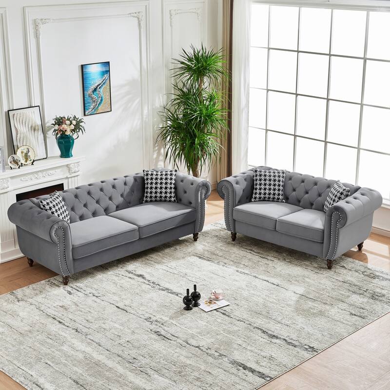 Velvet Chesterfield Sofa Set of 2 with Loveseat and 3 Seater Couch, Deep Seat Tufted Sofas with Nailhead Trim and Rolled Arms - Grey