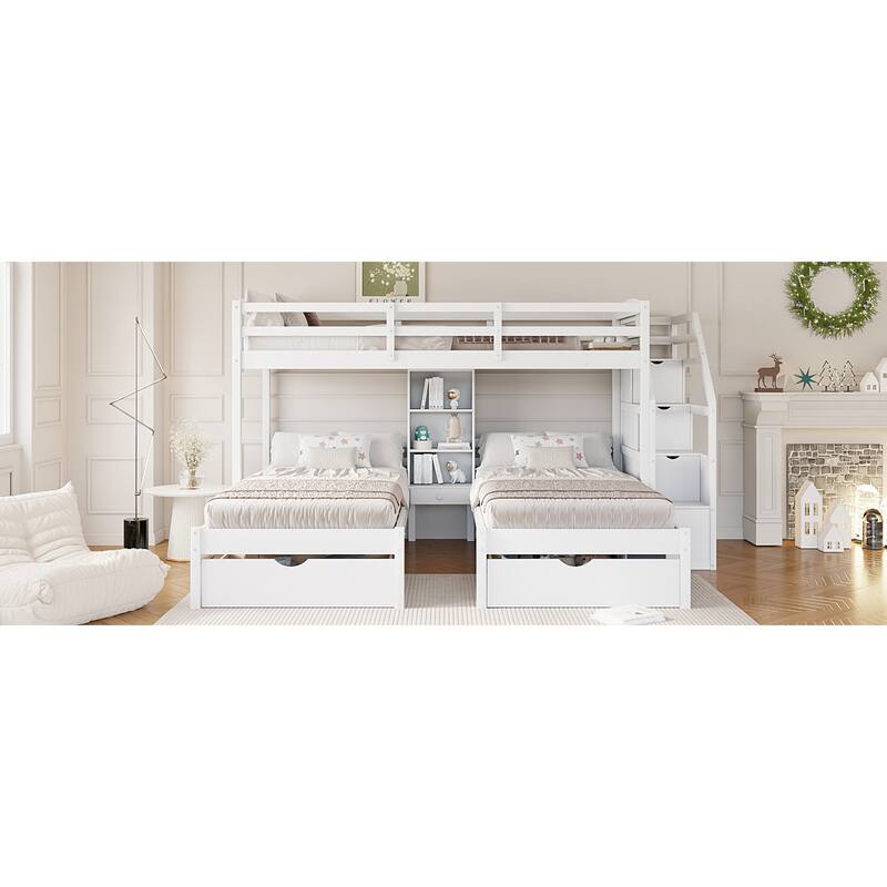 Roomfitters Twin Over Twin and Twin Triple Bunk Bed with Drawers and Storage Shelves