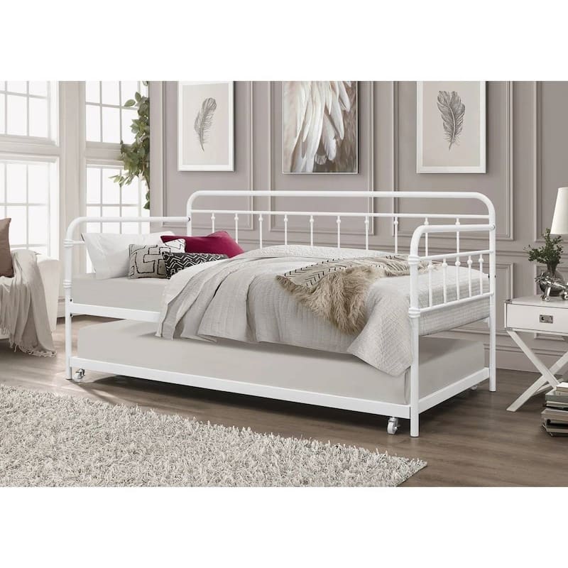 Twin size Rounded Iron Daybed with Roll Out Trundle Bed Frame
