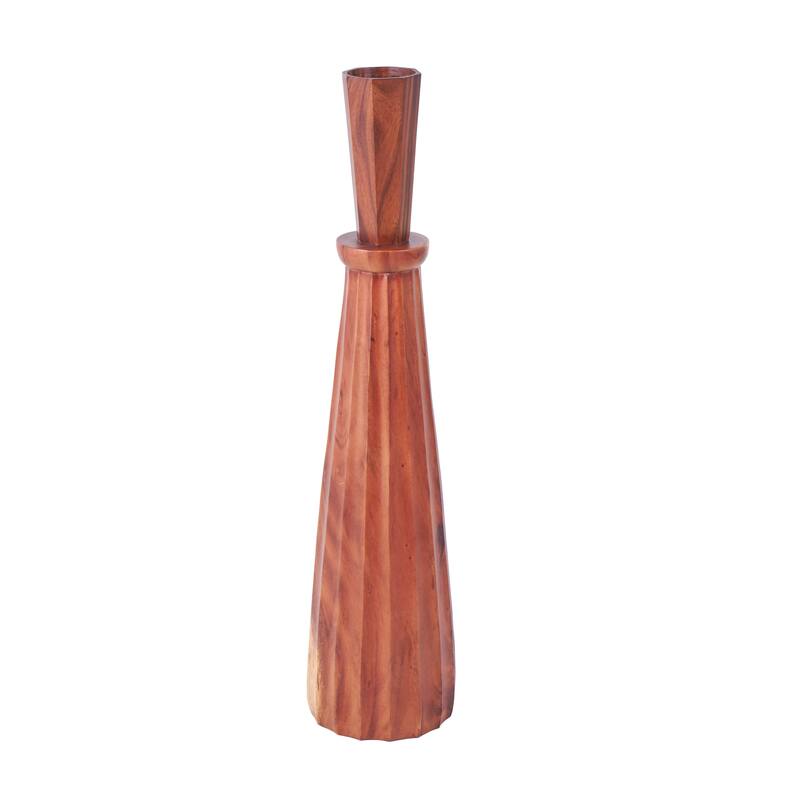 Brown Wood Handmade Tall Pleated Hourglass Floor Vase
