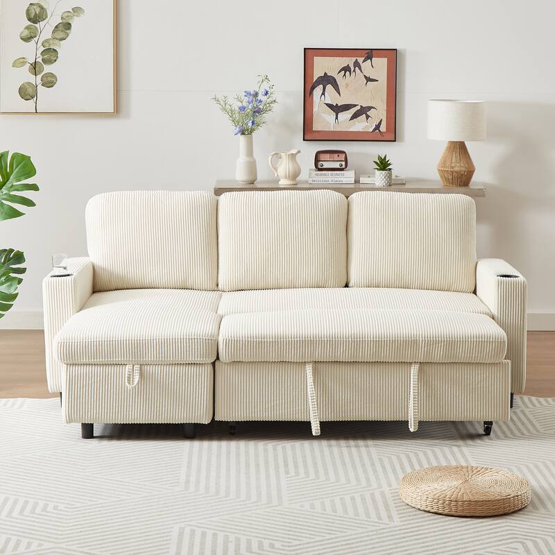 Modern Corduroy Reversible Sleeper Sofa Bed with Pullout Bed, L-Shaped Combo Sofa for Tight Spaces, Living Room, and Office