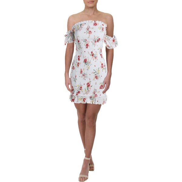 Aqua Womens Casual Dress Floral Print Smocked - White Multi