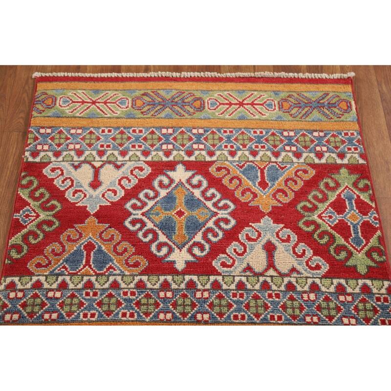 Hand Knotted Oriental 100% Wool Carpet Traditional All-Over Multi-Colored Kazak Runner Rug - 13' 11'' X 2' 6''