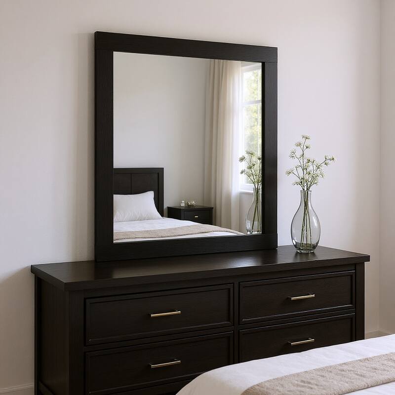 HomeRoots 35" Black Wood Square Mounted Framed Dresser Mirror - 35.43 in. x 35.43 in. x 1.77 in. - 35.43 in. x 35.43 in.  x 1.77 in.