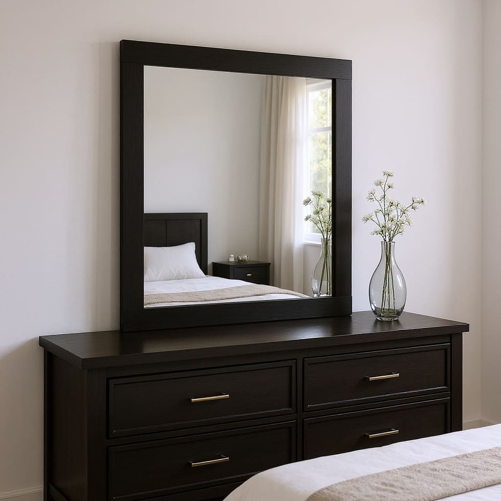 HomeRoots 35" Black Wood Square Mounted Framed Dresser Mirror - 35.43 in. x 35.43 in. x 1.77 in.