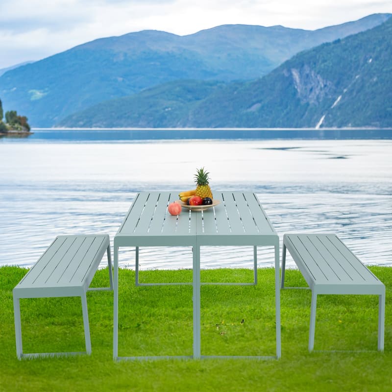 Aoodor 3-Piece Outdoor Patio Dining Set, Aluminum Furniture Set with 1 Rectangular Picnic Table and 2 Benches - N/A