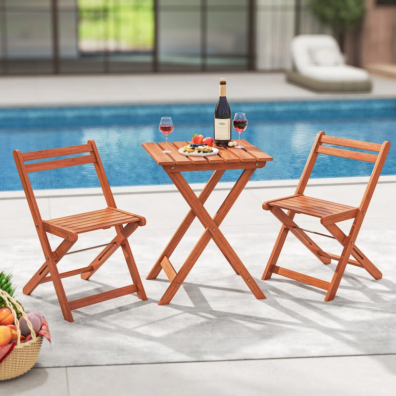 Gymax 3 PCS Outdoor Wood Bistro Set w/ 2 Folding Chairs & Dining Table