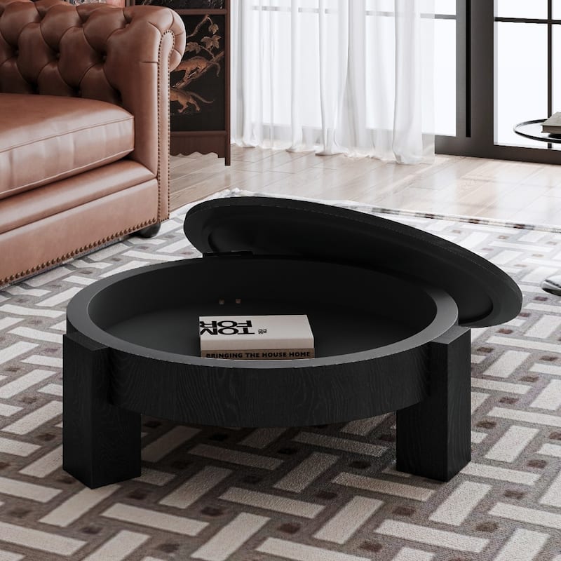 33" Round Coffee Table with Hidden Storage, Parquet Veneer Top Table, 3 Block Legs Sturdy Center Accent Table for Living Room - Black