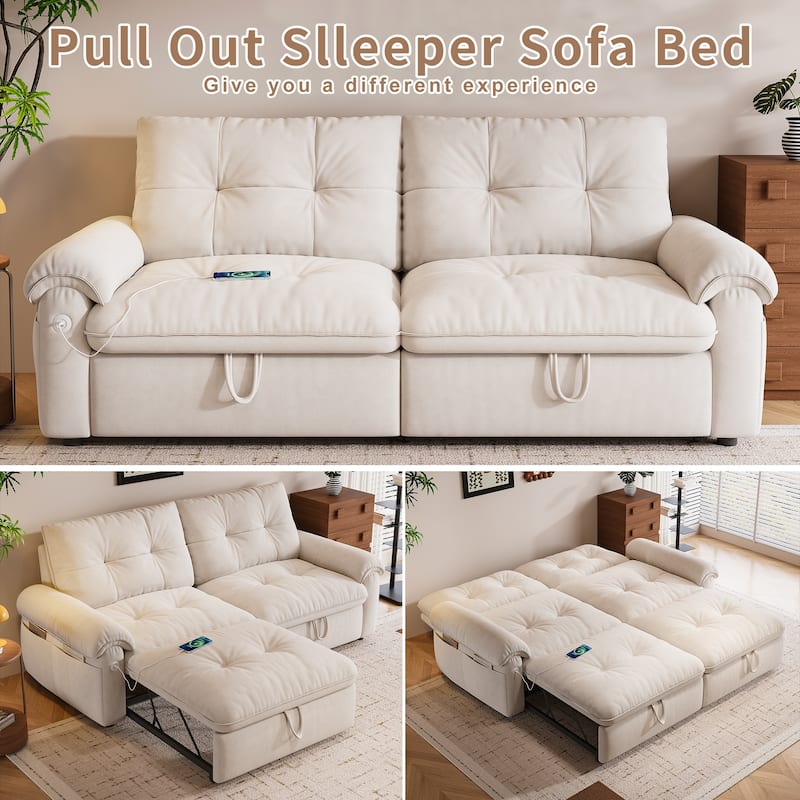 2-in-1 Velvet Pull Out Sleeper Sofa Bed Convertible Loveseat Couch for Sitting, Napping or Sleeping with Side Pockets and USB