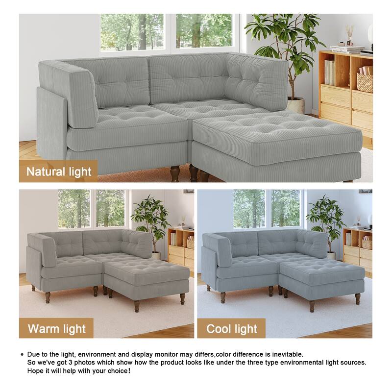 Corduroy Upholstered Modular Corner Sectional Sofa with Reversible Ottoman