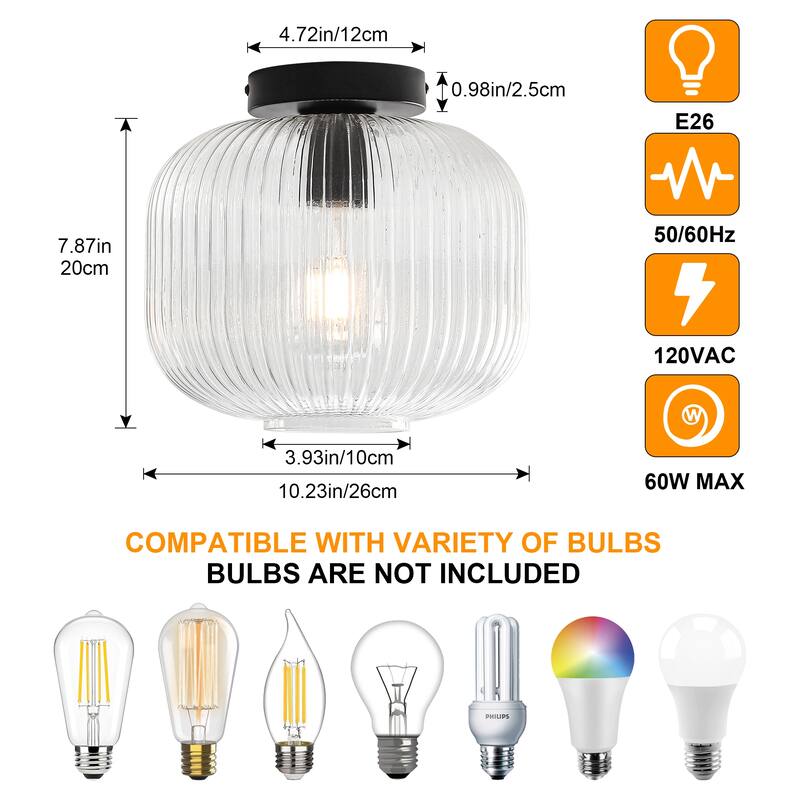 1-Light Mid-Century Modern Ribbed Glass Flush Mount Light