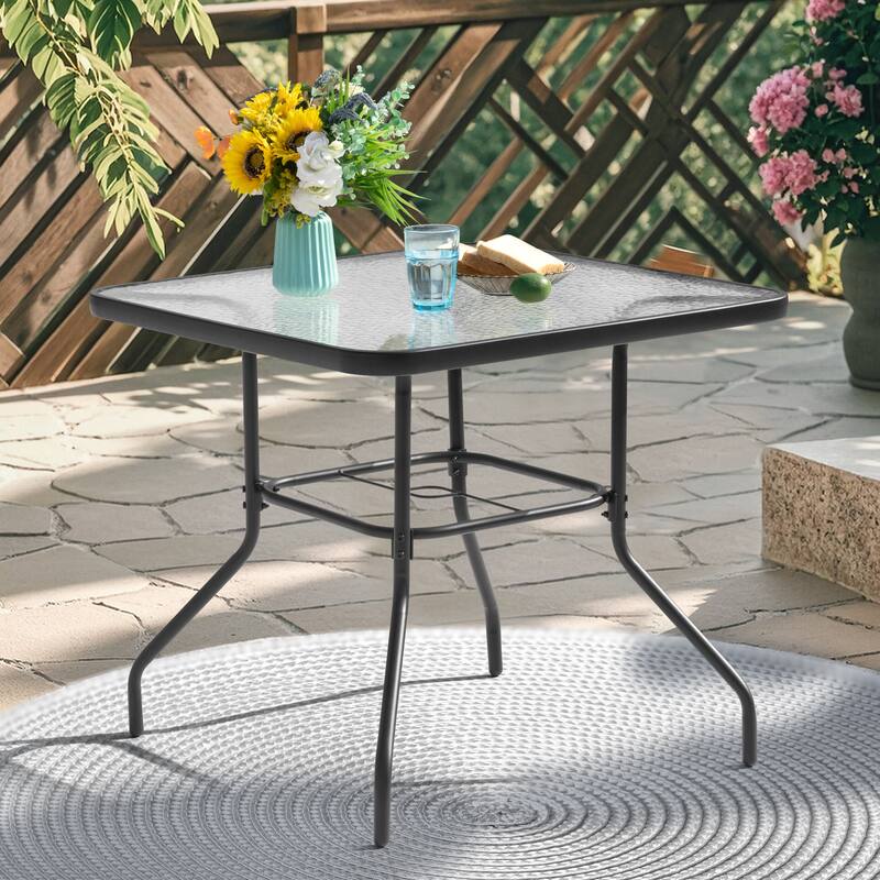 Square Metal Outdoor Dining Table with Umbrella Hole and Tempered Glass Tabletop, Black
