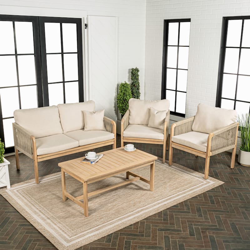 Aveiro 4-Piece Modern Bohemian Acacia Wood Outdoor Patio Set with Cushions and Plain Decorative Pillows, by JONATHAN Y