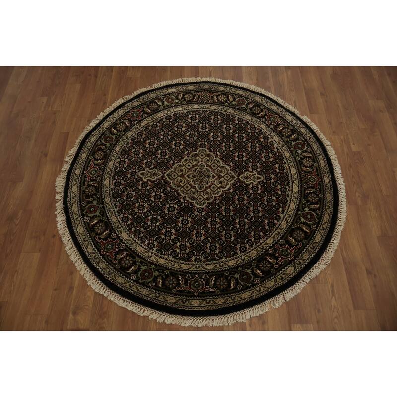 Hand Knotted Oriental 100% Wool Carpet Traditional Floral Black Tabriz-Mahi Area Rug - 4' 2'' X 4' 1''