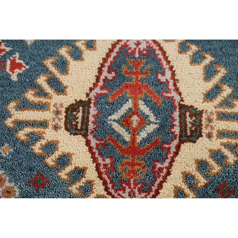 Blue Geometric Khotan Oriental Area Rug Hand-Knotted Wool Carpet - 4'2"x 6'1"